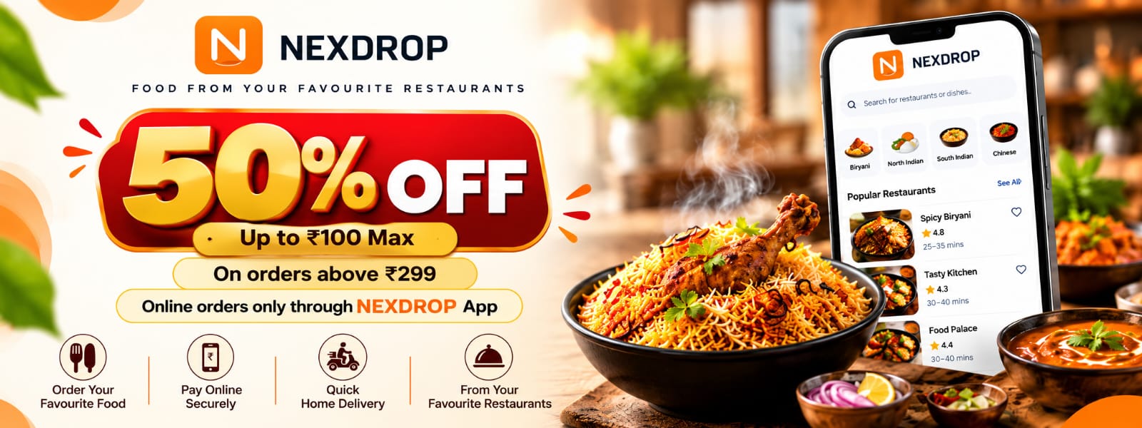 NEXDROP app promotion with biryani, restaurant browsing and home delivery